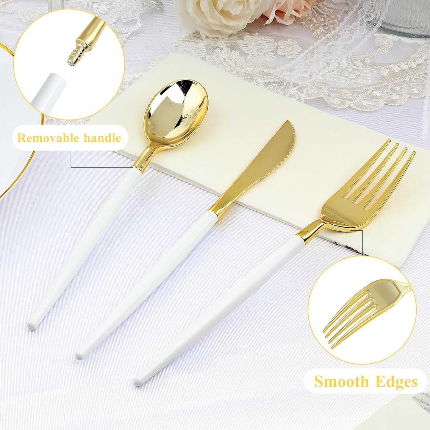 150 PCS White Gold Plastic Utensils for 50 Guests, Gold Disposable Silverware with 50 Knives, 50 Spoons and 50 Forks, BPA Free, Ideal for Weddings, Birthdays & Graduation
