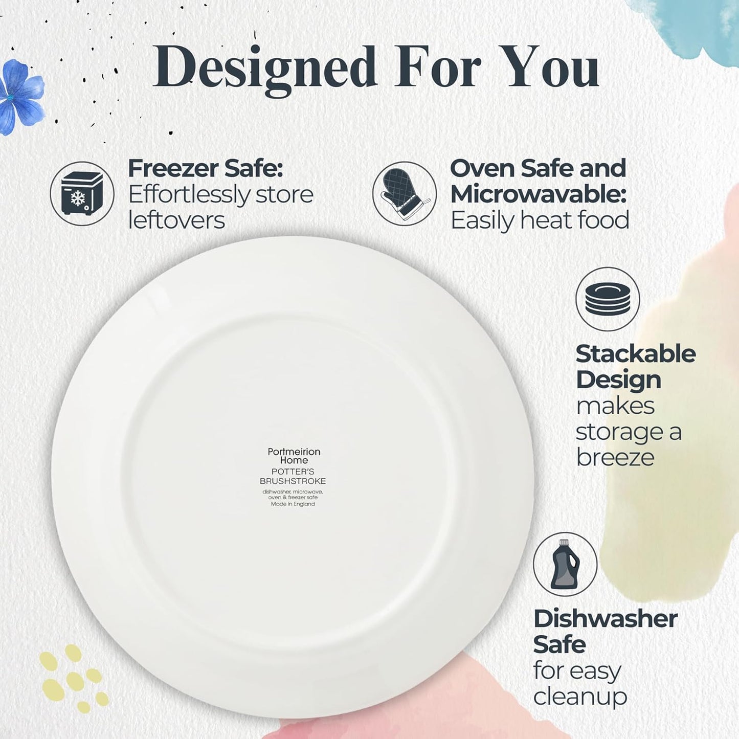 Portmeirion Potter's Brushstroke Dinner Plate (Set of 4) - 8" Earthenware Plates with Classic Brushstroke Rim - Microwave, Dishwasher, Freezer, Oven Safe - Ideal Modern Dinnerware Set (Blue)