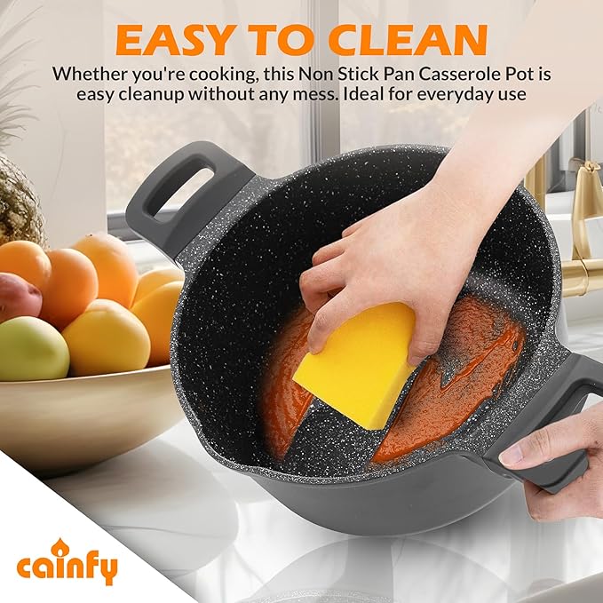 9.5 Inch Non Stick Pan Casserole Pot with Lid & Pour Spout - Lightweight 4.27 Quart Granite Coated Soup Pot Comfort Grip Handle - Induction Compatible PFOA Free Non Stick Cookware (Black)