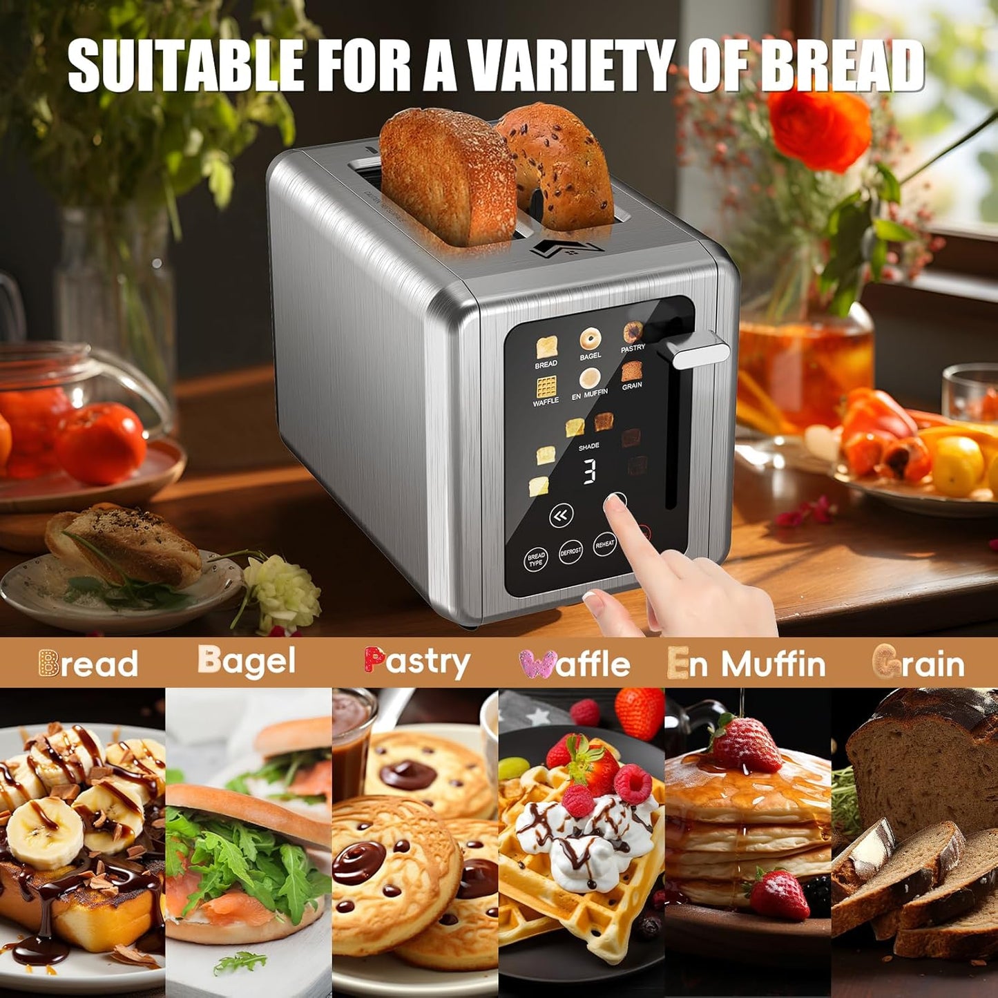 Touch screen Toaster 2 slice,Stainless Steel Digital Timer Toasters with Sound Function,6 Bread Types & 6 Shade Settings,Smart Extra Wide Slots Toaster with Bagel,Defrost Functions,Platinum