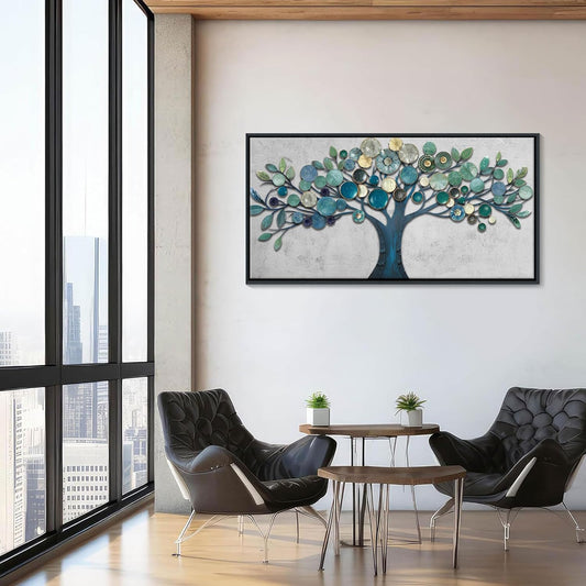 CHATYOUNG Wall Art Living Room - Framed Teal Blue Tree of Life Abstract Landscape Painting Modern Leaf Theme Print Artwork for Dining Room Bedroom Bathroom Office Home Decor 48"x24"