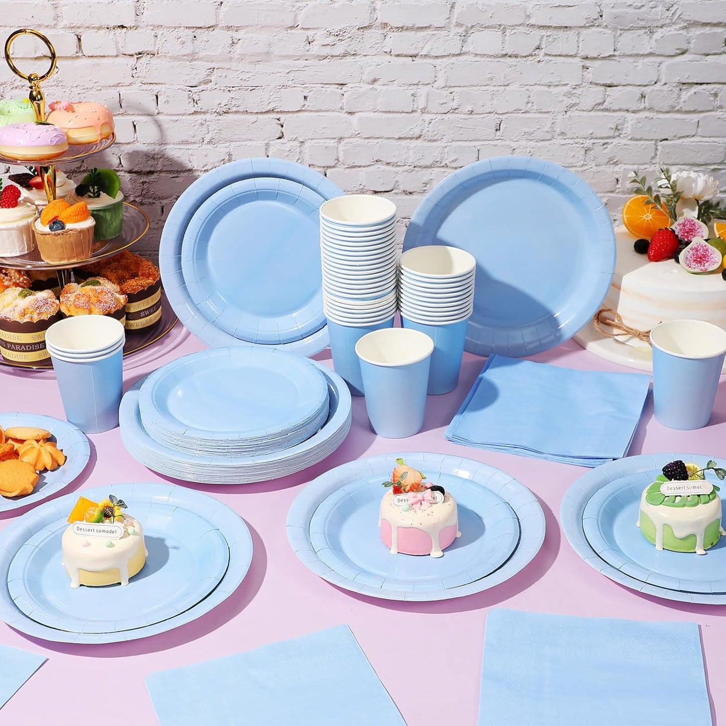 Tioncy 200 Pcs Disposable Paper Plates Cups and Napkins Party Supplies Serve 50 Guests Disposable Paper Dinnerware Set for Halloween Birthday Wedding Baby Shower Family Picnic(Blue)