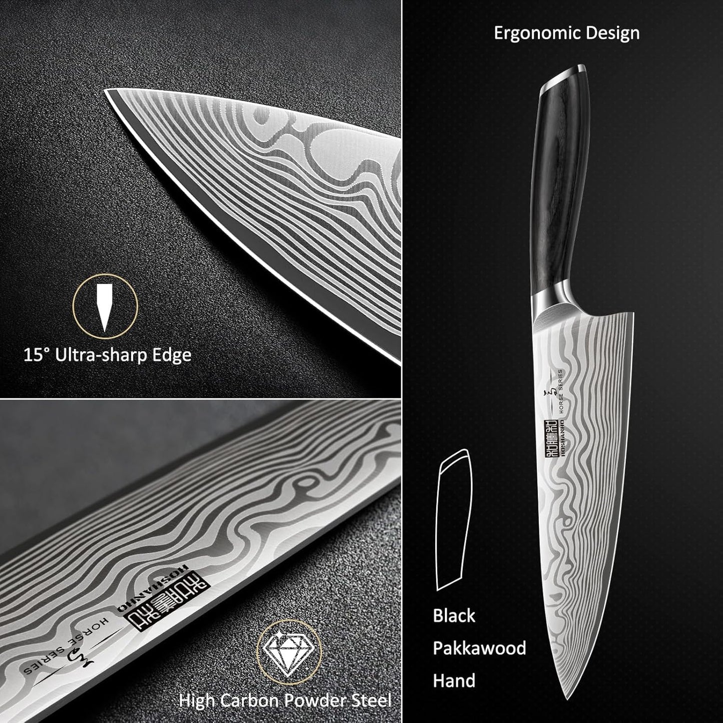 HOSHANHO 8 Pieces Knife Set with Magnetic Block, Ultra Sharp Powder Steel Knife Block Set, Professional Chef Knife Sets with Ergonomic Handle & Knife Sharpener