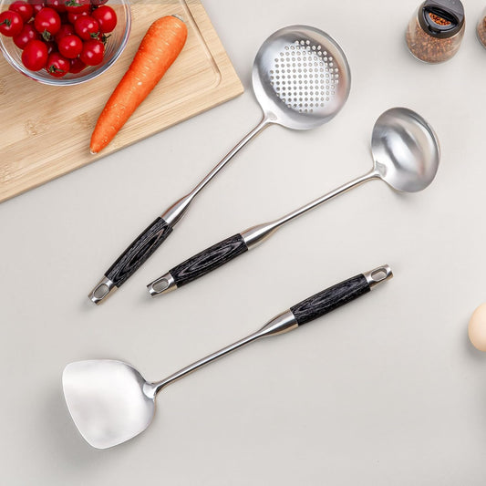 FJNATINH Wok Spatulas Soup Ladle Skimmer Ladle Set, Stainless Steel Wok Tools with Wooden Handle Wok Accessories Sets Cooking Utensils,3 PCS