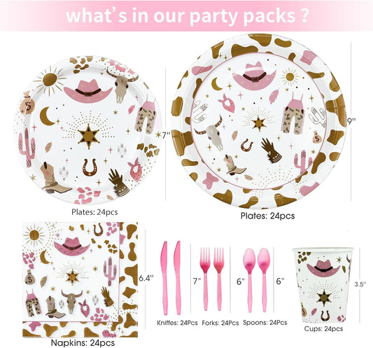 Western Cowgirl Party Decoration Tableware - Cowgirl Birthday Party Supplies Include Plate, Napkin, Cup, Cutlery, Wild West Cowgirl Theme Party Decorations Dinnerware | Serve 24