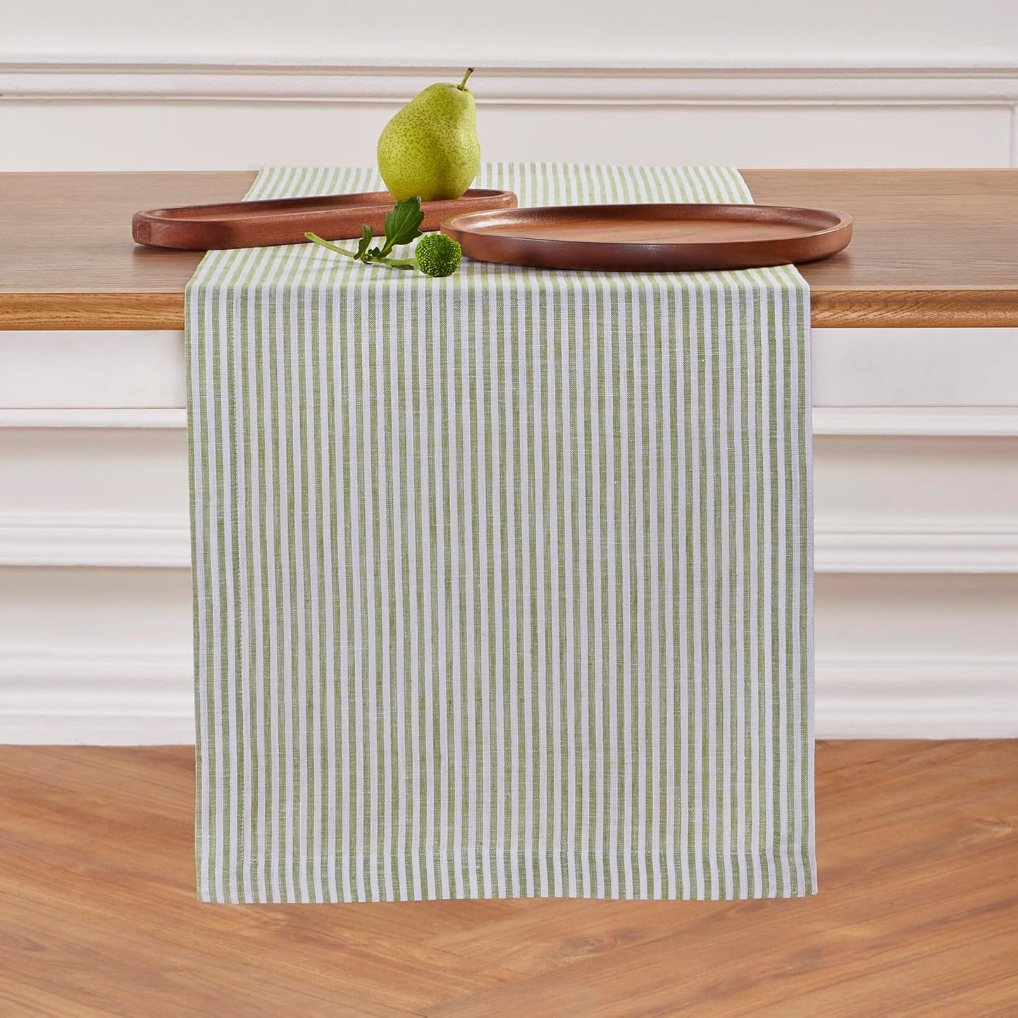 Solino Home Linen Table Runner 132 Inches Long - Narrow Stripe, 100% Pure Linen Avocado and White Farmhouse Table Runner 14 x 132 Inch for Dining, Fall, Autumn, Thanksgiving