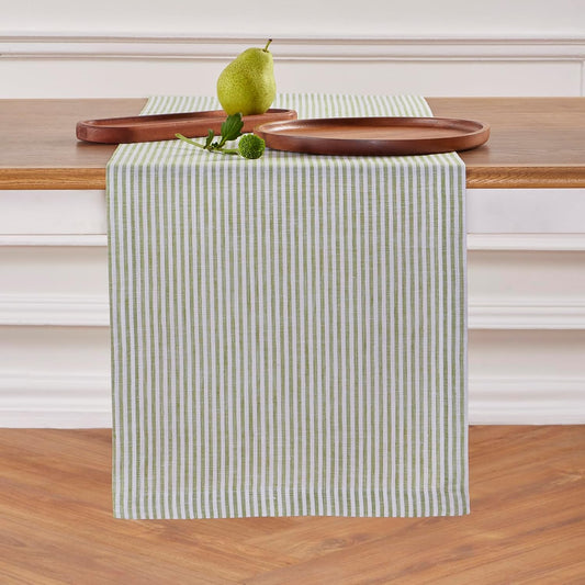 Solino Home Linen Table Runner 132 Inches Long - Narrow Stripe, 100% Pure Linen Avocado and White Farmhouse Table Runner 14 x 132 Inch for Dining, Fall, Autumn, Thanksgiving