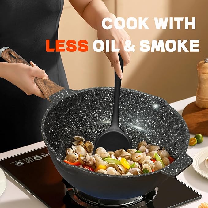 HIARUO Deep Nonstick Frying Pan with Lid, 12 inch Non Stick Skillet Large Sauté Pan Granite Sauce Cookware Cooking Chef Wok Pan with Helper Handle Silicone Spatula, 5.5 QT Induction Compatible, Black