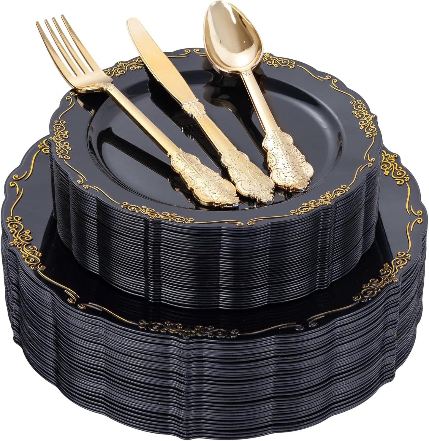 DaYammi 150Pcs Black Gold Plastic Plates & Plastic Silverware, Halloween Black Disposable Plates for Party Include 30 Dinner Plate, 30 Dessert Plate, 30 Knives, 30 Forks, 30 Spoons for Wedding