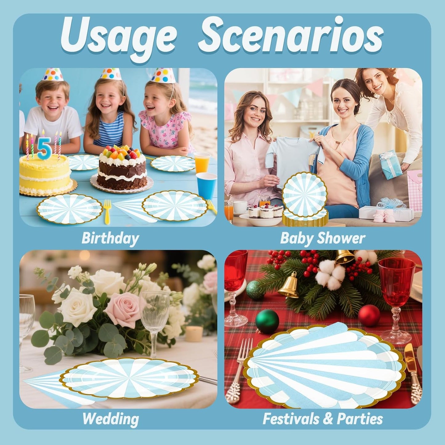 50PCS Blue Striped Paper Plates and Napkins Party Supplies, 7 inch Disposable Gold Foil Scalloped Dessert Plate Party Tableware Set for Birthday Wedding Bachelorette Baby/ Bridal Shower Decorations