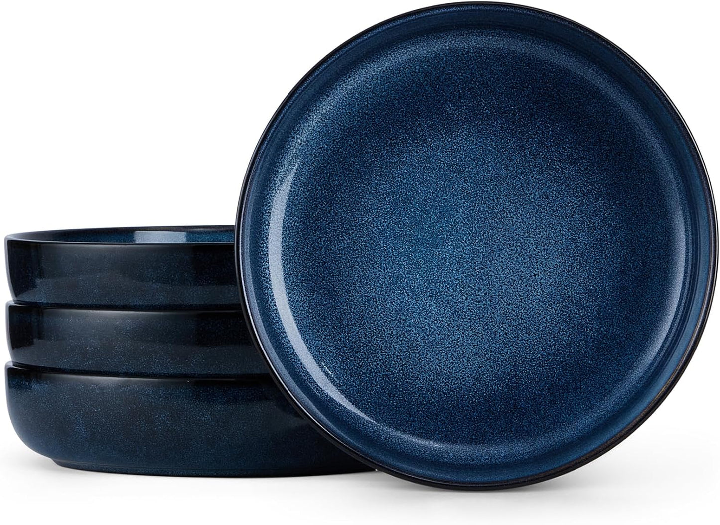 E-far Pasta Bowls Set of 4, 35oz Ceramic Large Salad Plate Bowls for Kitchen, Wide and Shallow Design for Serving Soup Pasta, Double Reactive Glaze, Dishwasher & Microwave Safe, Deep Sea Blue