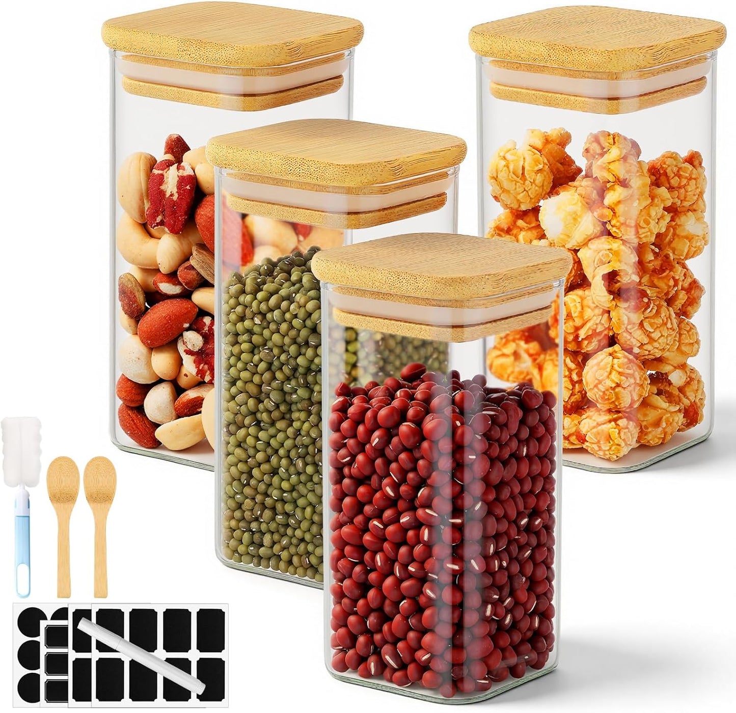Square Glass Jars with Bamboo Lids, 4 Pack 10 Fl.oz Glass Storage Jars, Sugar Coffee Containers with Airtight Lid, Pantry Canisters for Spice Tea Candy Nuts - Included Labels, Spoon and Marker