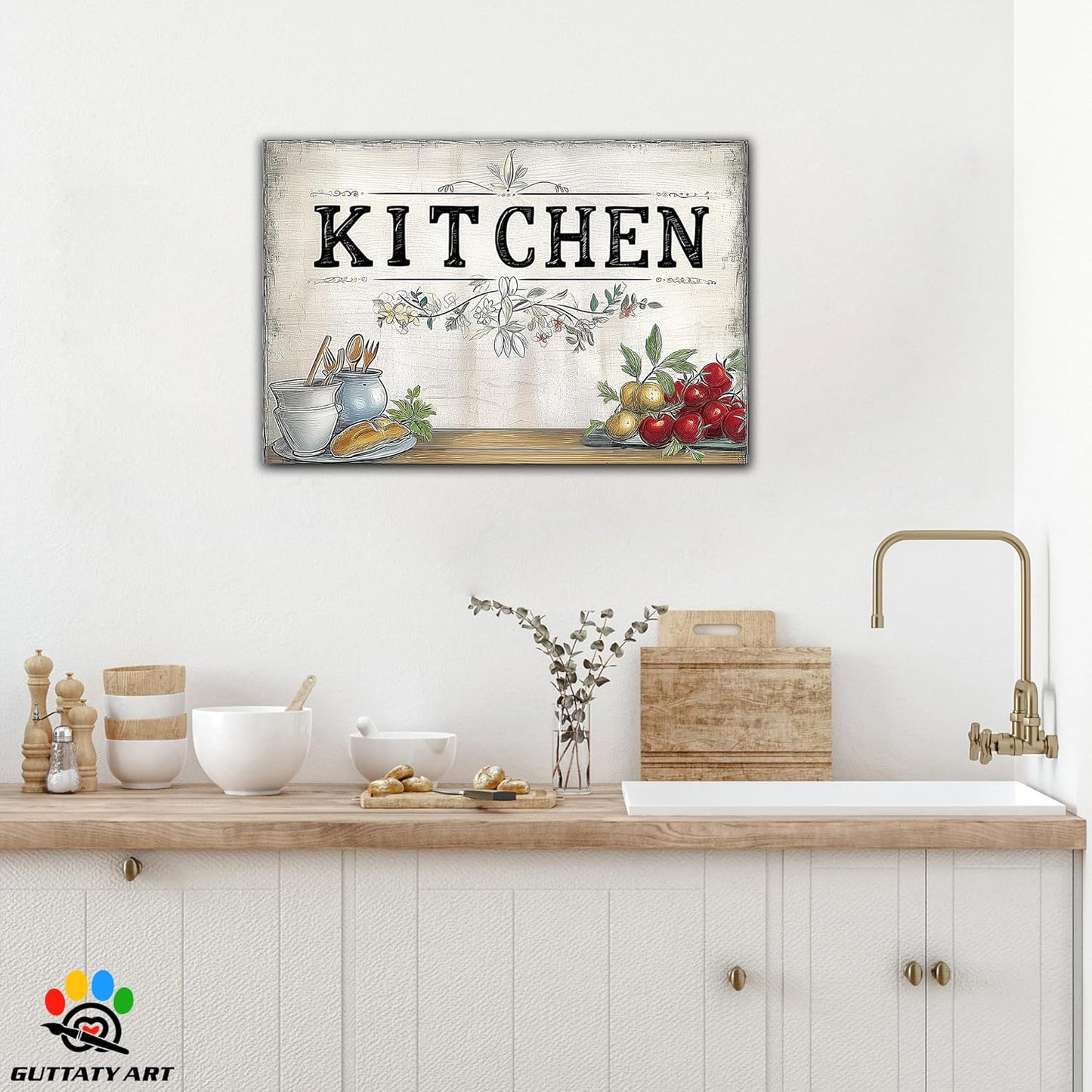 GUTTATY Farmhouse Wall Art Rustic Kitchen Decor, Ready to Hang Kitchen Canvas Print Spoon And Tomato Retro Posters Prints for Dinning Room Home Kitchen Restaurant Painting 18×24 Inch