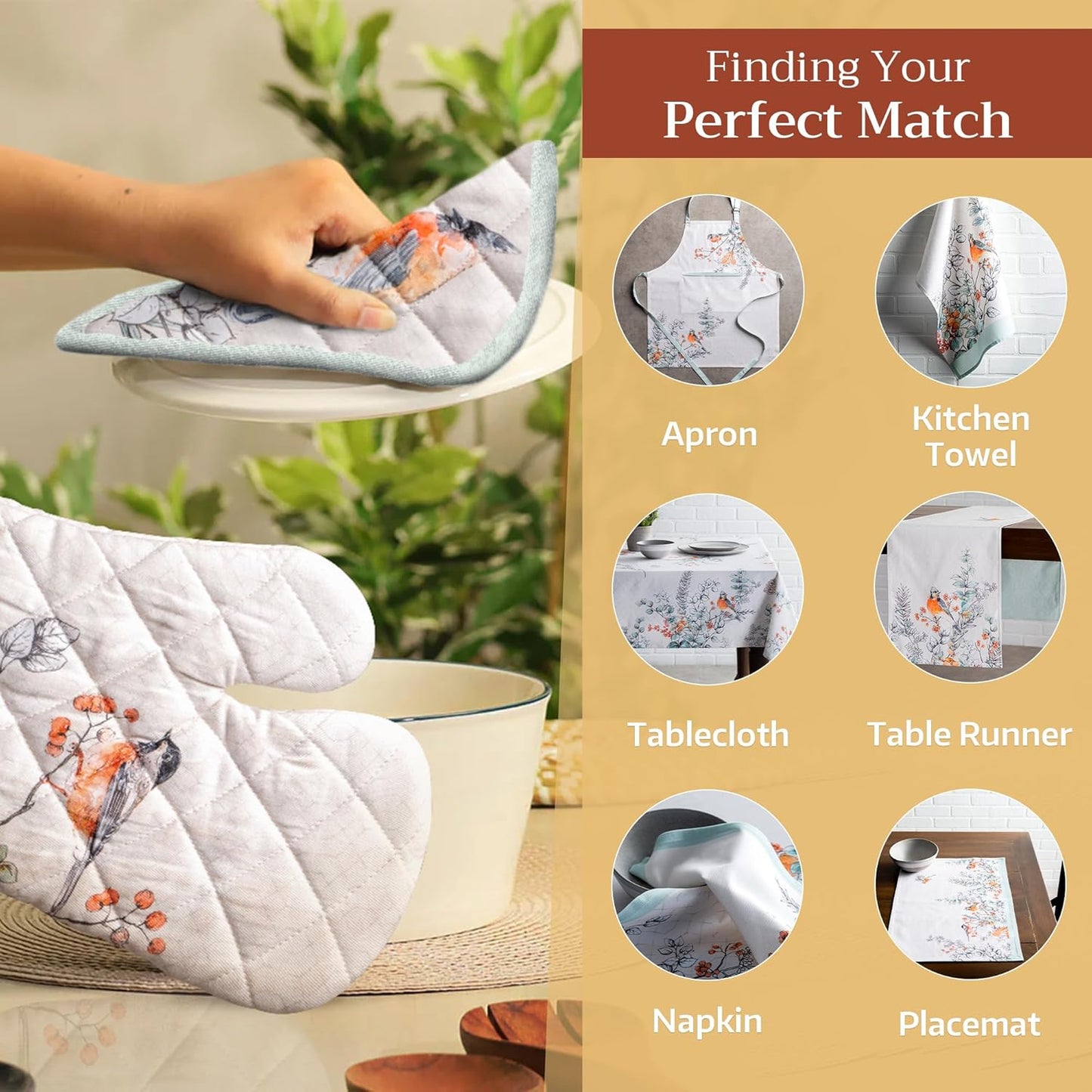 Maison d' Hermine 100% Cotton Oven Mitt & Pot Holder Set (7.5"x13" & 8"x8") Heat Resistant BBQ Cooking Gloves with Loop for Thanksgiving Christmas Decorations Handling Hot Pans (Whitish Shabby Chique)