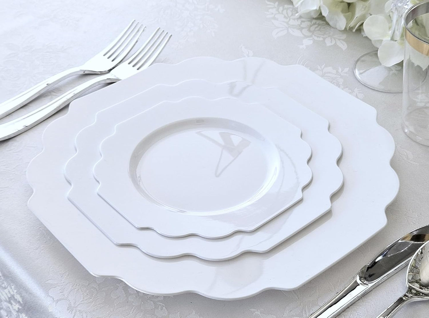 " OCCASIONS " 120 Plates Pack,(60 Guests) Heavyweight Wedding Party Disposable Plastic Plates Set -60 x 10.5'' Dinner + 60 x 8'' Salad/Dessert Plate (Imperial White)