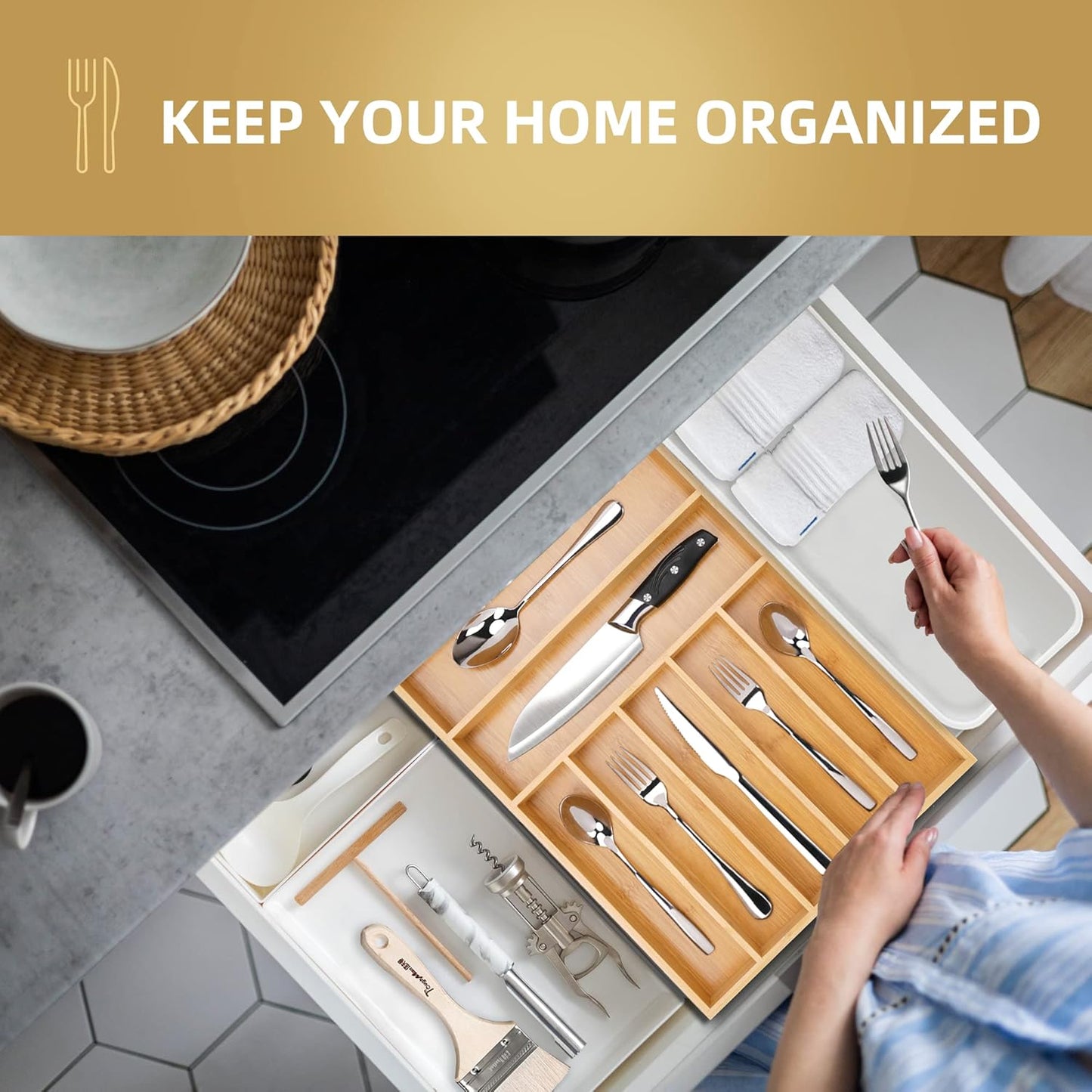 Bamboo Kitchen DrawerOrganizer, 13 Inch Silverware Organizer with Extra-deep Grooved Divider, 7 Slots Pure Bamboo Wood Caddy for Flatware Cutlery Knives, Forks, Spoons