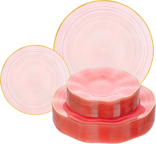120PCS Pink Plastic Plates with Gold Rim, Heavy Duty Disposable Plates, Elegant and Fancy 60 Dinner and 60 Dessert Plates for Party and Wedding