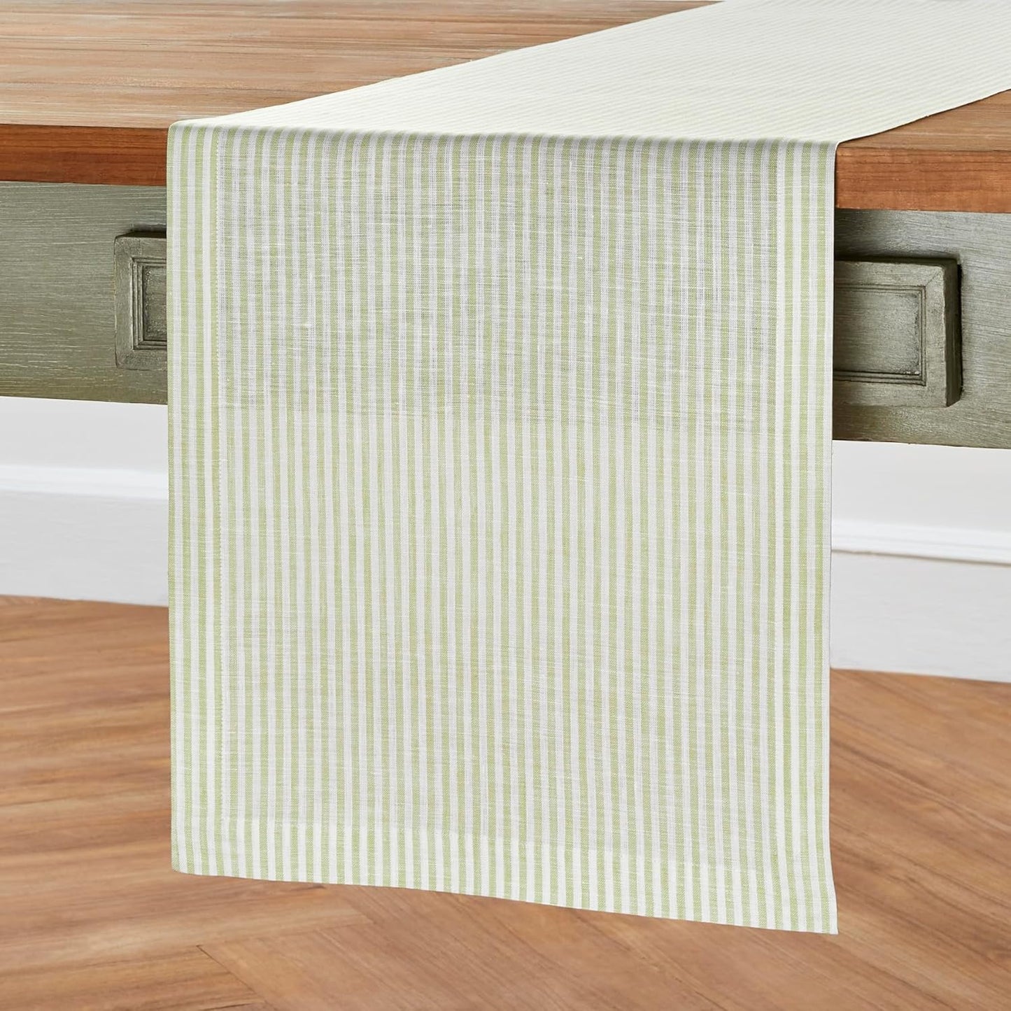 Solino Home Linen Striped Table Runner 156 Inches Long - Narrow Stripe 100% Pure Linen Sage and White Dining Table Runner 14 x 156 Inch for Thanksgiving