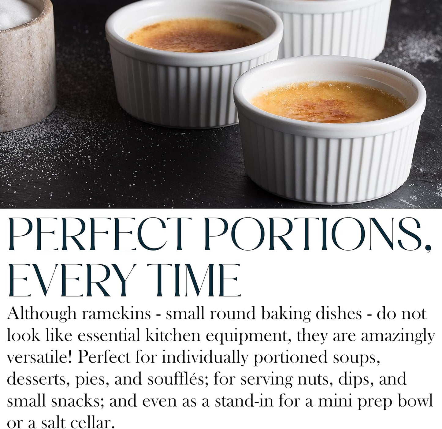 Bellemain Creme Brulee 4 oz Ramekins | Mini Casserole Dish Set, Charcuterie Bowls, Pot Pie Baking Dishes, Soy Sauce Bowls | Fluted Porcelain Bowls, Ramekins Oven Safe to 500F, Set of 6 (White)