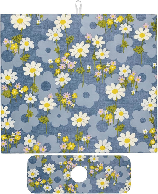 Daisy Flowers Dish Drying Mat for Kitchen Counter, 16"x18" Microfiber Absorbent Fast Dry Mat, 2Pcs Dish Mat Faucet Mats Sets, Large Drying Kitchen Mat Kitchen Drying Pad Coffee Bar Decor Gifts