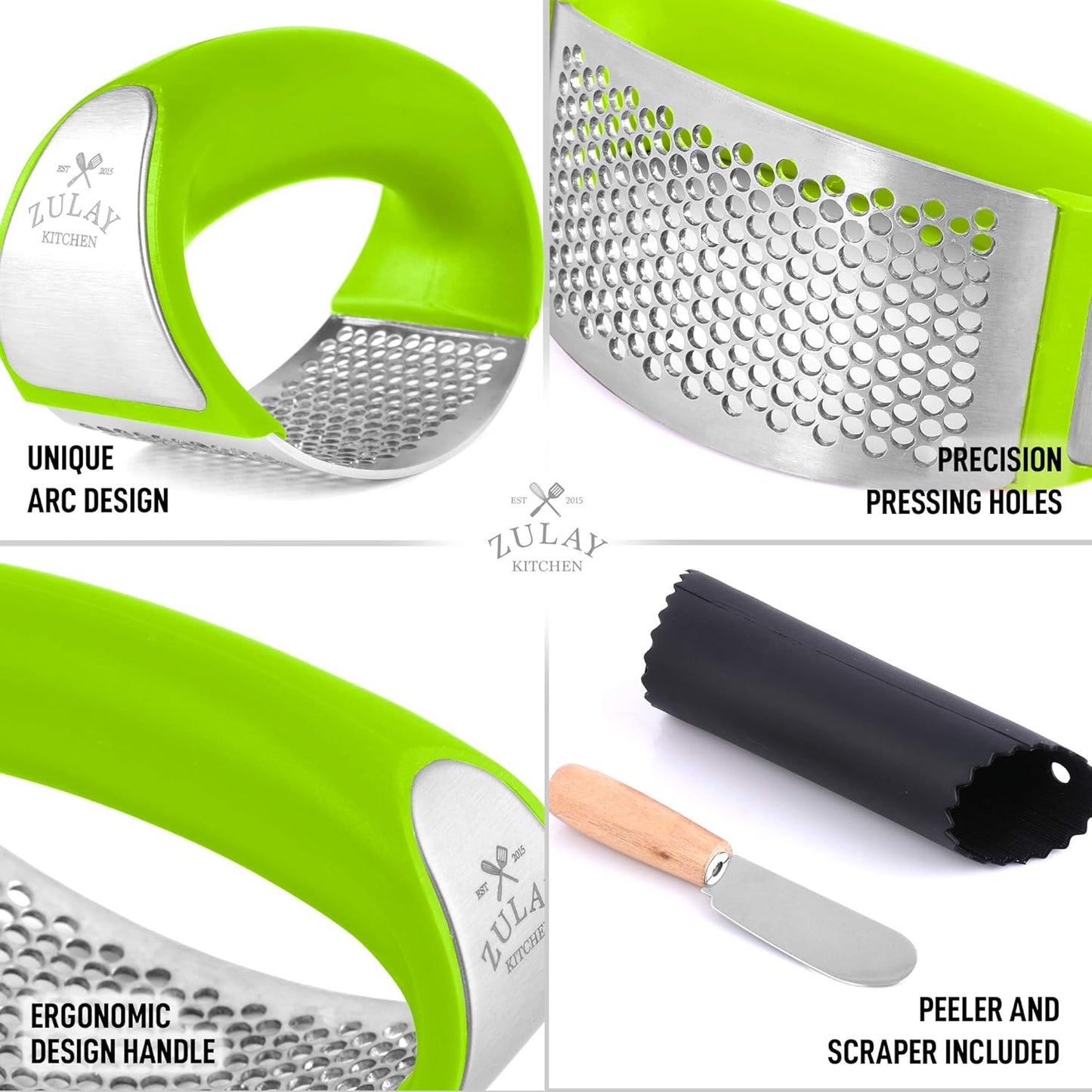 Zulay Kitchen Stainless Steel Garlic Press Rocker Set - Premium Garlic Mincer Garlic Crusher - New Innovative Garlic Crusher with Peeler and Scraper - Comfortable Grip (Green)
