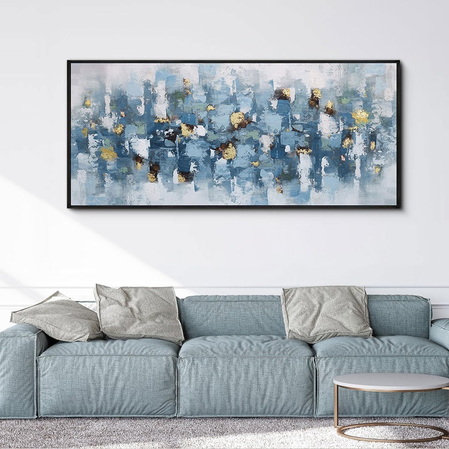 KLAKLA Blue and White Abstract Wall Art - Living Room Wall Decor Gold Picture Artwork for Walls Prints Paintings Framed Canvas Bedroom Office Guest Room Home Decoration 70x31 Inches