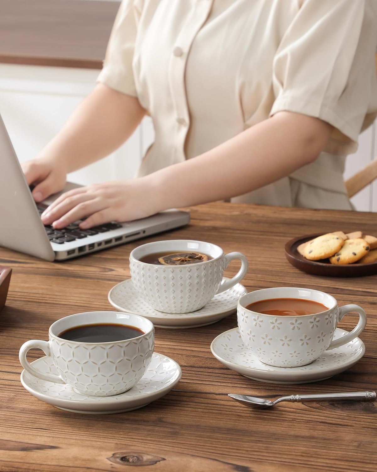 MALACASA 8 OZ Cappuccino Cups with Saucers Set of 4 - Stackable Espresso and Tea Cups, Dishwasher Safe White Ceramic Coffee Mugs for Latte, Cappuccino and Americano