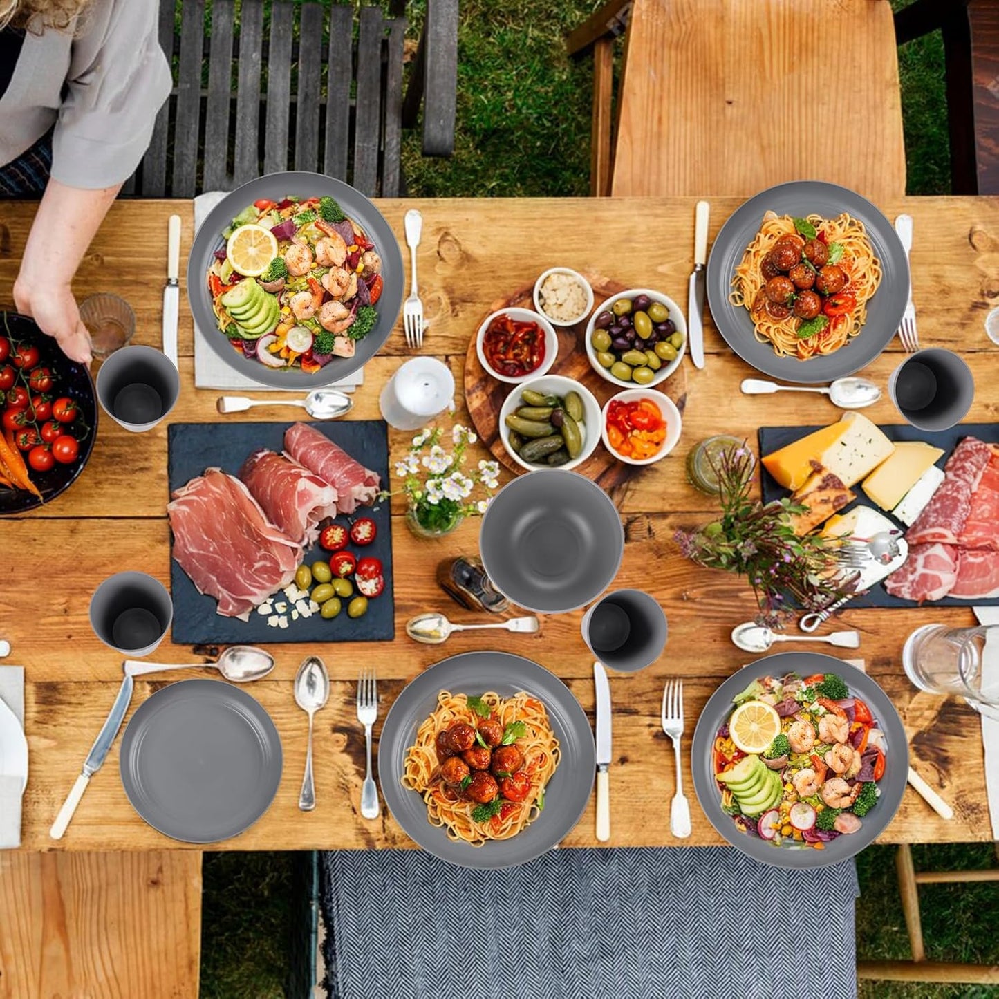 Supernal Wheat Straw Dinnerware Sets,Unbreakable Dinner Plates for 6,Microwave Dishwasher Safe,Reusable Dinnerware,Dark Gray Set 12pcs Plates, 6pcs Bowls, 6pcs Cups