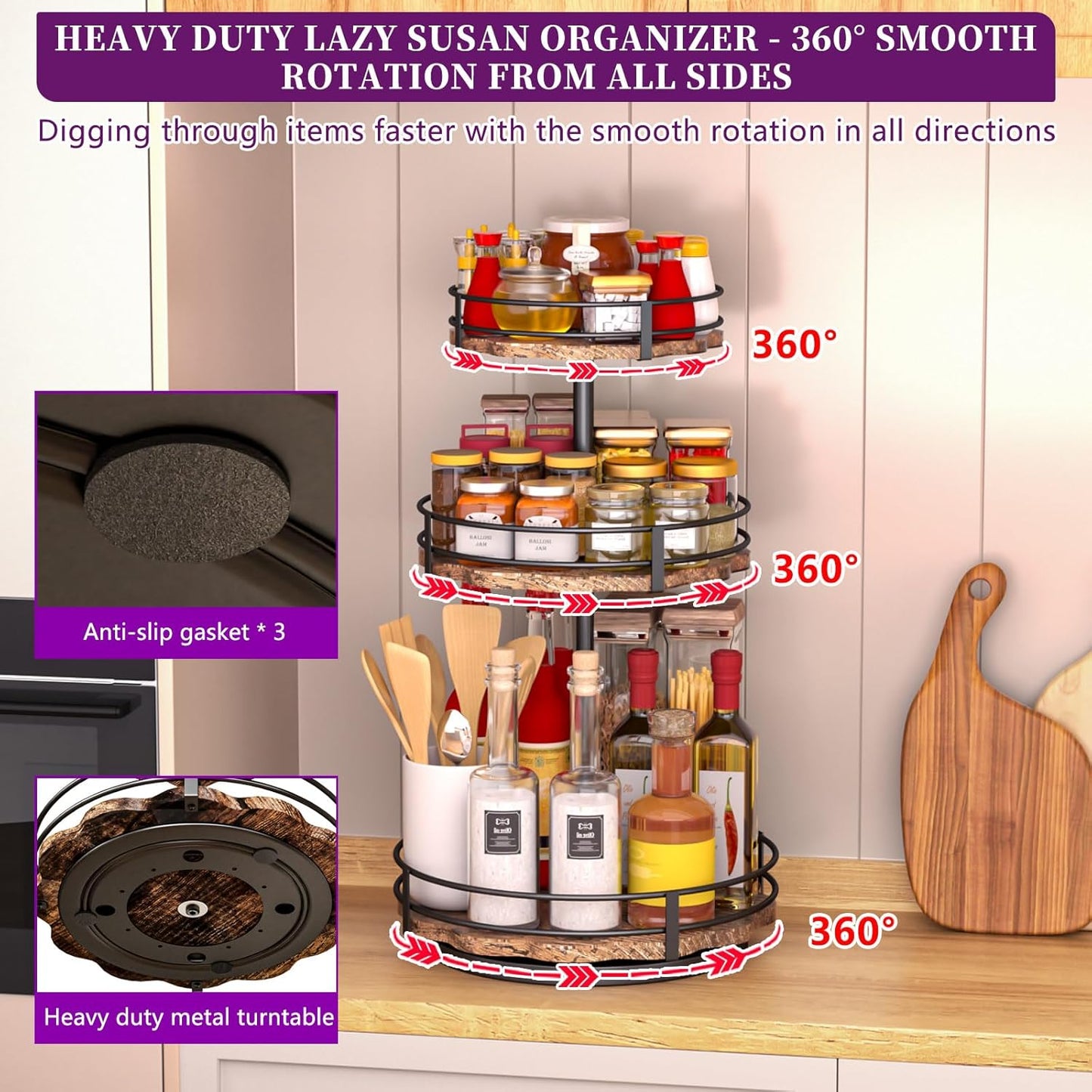Heavy-Duty 3-Tier Lazy Susan Organizer, Adjustable to Different Heights, Countertop Spice Rack, Upgraded Thickened Wooden Board, Suitable for Seasoning Organizer, Kitchen Organization