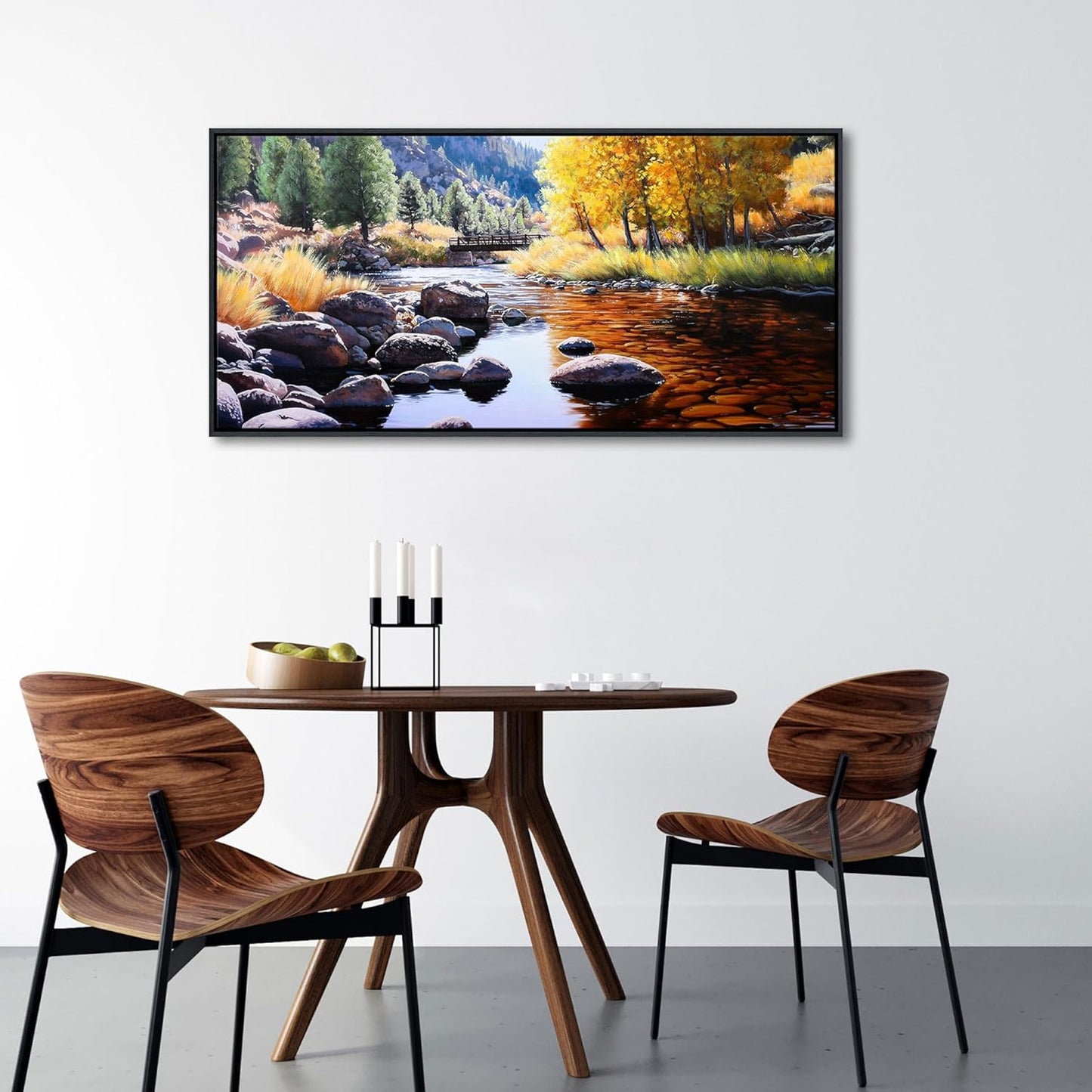 CHATYOUNG Large Fall Wall Art - Yellow Green Forest Paintings Artwork Lake Stone Tree Bridge Rustic Autumn Landscape Canvas Picture for Living Room Bedroom Office Home Wall Decor 24"X48"