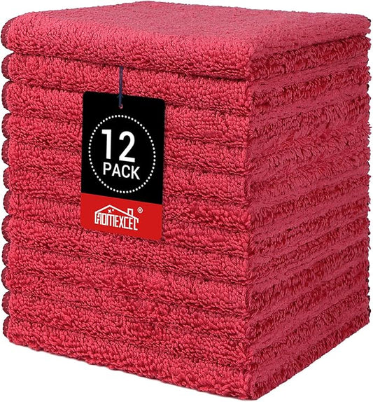 HOMEXCEL Red Microfiber Washcloths 12 Pack, Highly Absorbent and Soft Face Towel, Multi-Purpose Wash Cloths for Bathroom, Gym, Hotel, Spa and Kitchen,12x12 Inch