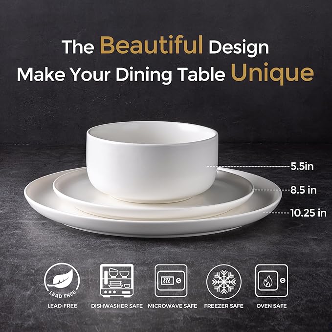 LERATIO Stoneware Dinnerware Sets for 6,Handcarft Ceramic Plates and Bowls Sets,Chip and Scratch Resistant Dishes, Dishwasher & Microwave Safe, Oven safe,Reactive Glaze-White