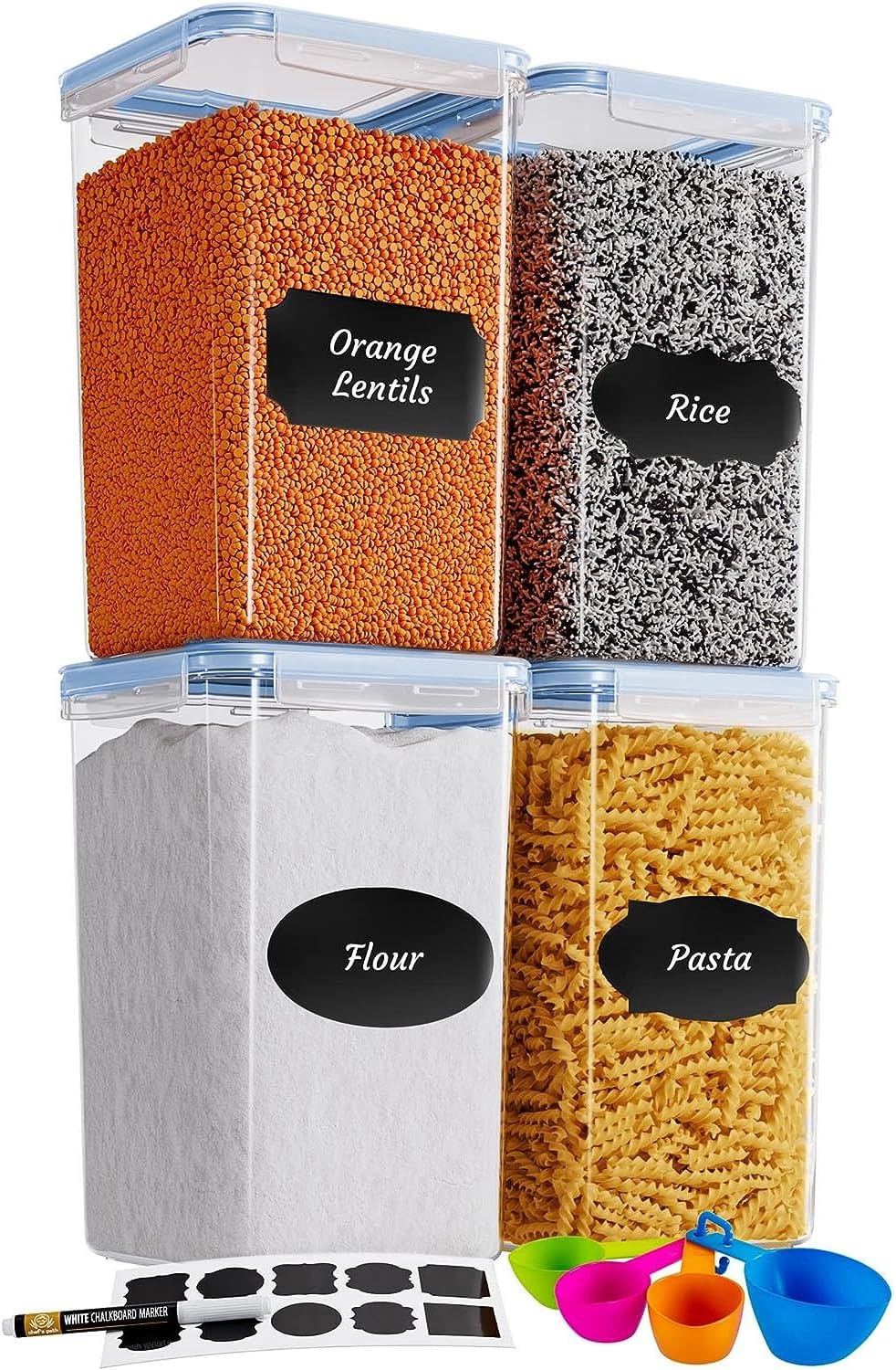 Chef's Path Extra Large Airtight Food Storage Containers with Blue Lid Color, Pack of 6, Kitchen and Pantry Canisters for Flour, Sugar, and Baking Supplies, Includes Measuring Spoons, Labels, and Pen