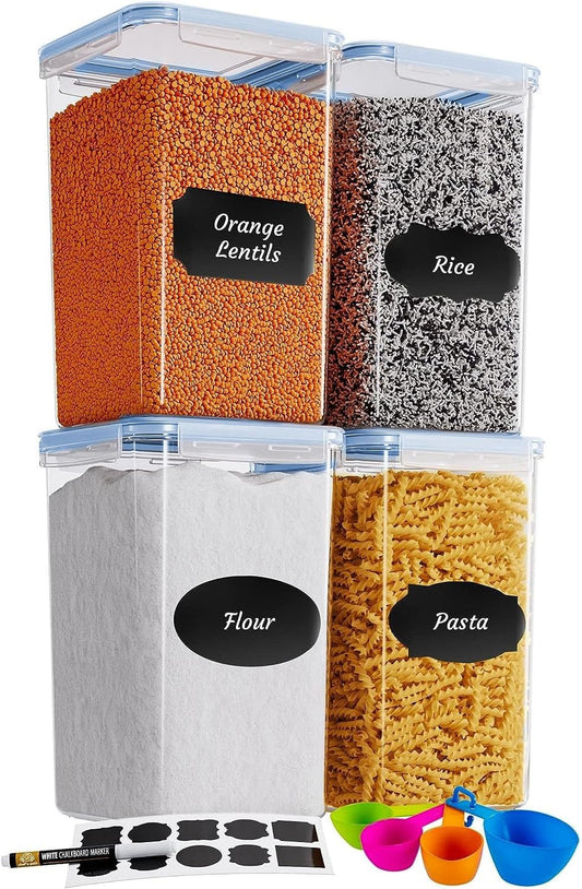 Chef's Path Extra Large Airtight Food Storage Containers with Blue Lid Color, Pack of 6, Kitchen and Pantry Canisters for Flour, Sugar, and Baking Supplies, Includes Measuring Spoons, Labels, and Pen