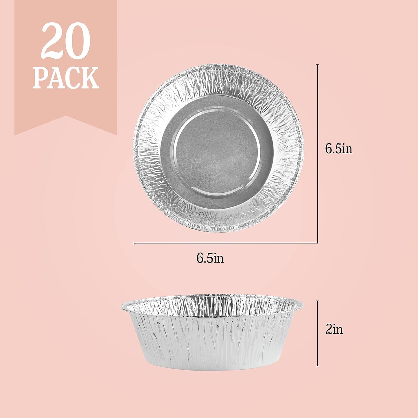 PLASTICPRO 6.5'' Inch Round Tin Foil Pans Disposable Aluminum, Freezer & Oven Safe - For Baking, Cooking, Storage, Roasting, & Reheating, Deep Pack of 20