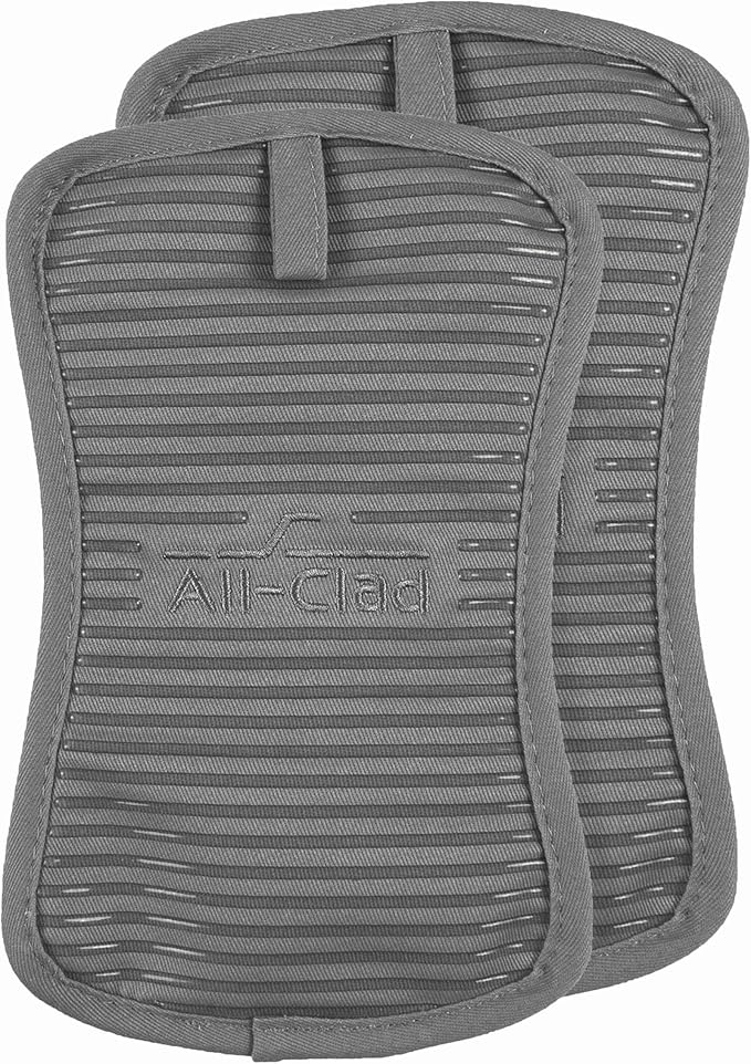 All-Clad Premium Pot Holder & Heating Pad, (2-Pack) Heat Resistant to 500 Degrees, 100% Cotton 10"x6.25" for Kitchen and Barbeque, Pewter