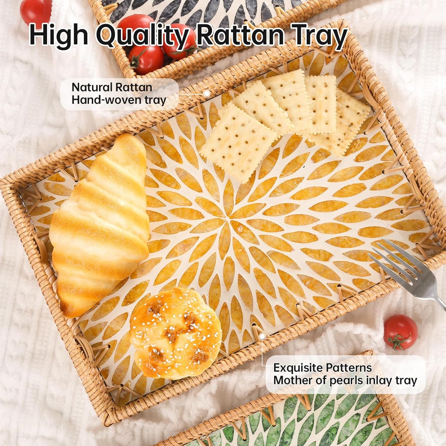 Rectangle Rattan Tray with Mother of Pearl Inlay, Rattan Serving Tray with Handle for Coffee, Bread, Fruits, Snacks, Decorative Wicker Tray for Table Decor (Rectangle Amber Leaf, 13"×9")