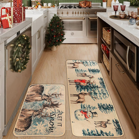 Larponder Christmas Snow Elk Snowflake Kitchen Mats Set of 2, Non-Slip Absorbent Rug and Door Mats, Home Decor Kitchen Floor Rugs for Winter - 17x24 and 17x48 Inch