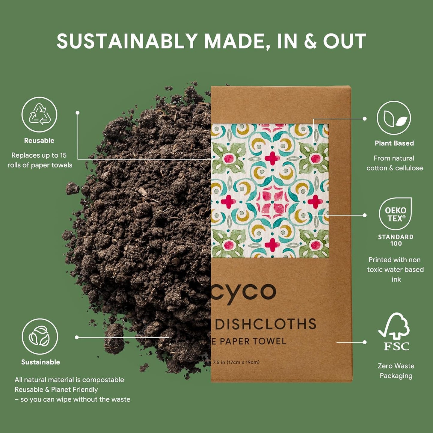 RECYCO Swedish Dishcloths for Kitchen | 6 Pack Boho Mosaic Bliss Washable Dish Rags | Cellulose Reusable Cleaning Paper Towels | Absorbent Counter Dish Cloth Sponge Kitchen Wipes, 8" L x 7" W