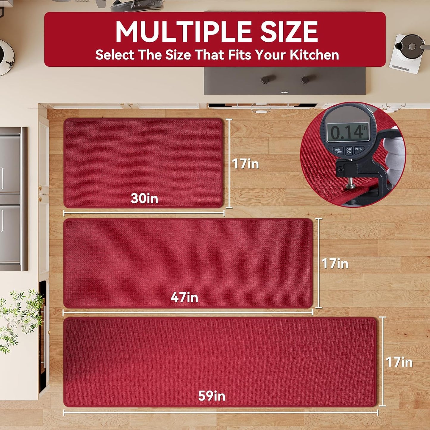 Kitchen Mats for Floor, Super Absorbent Kitchen Rugs Non Slip Washable, Soft Imitation Linen Braided Kitchen Runner Rug, Standing Mat Sink Mat, Easy to Clean, Red 17x30