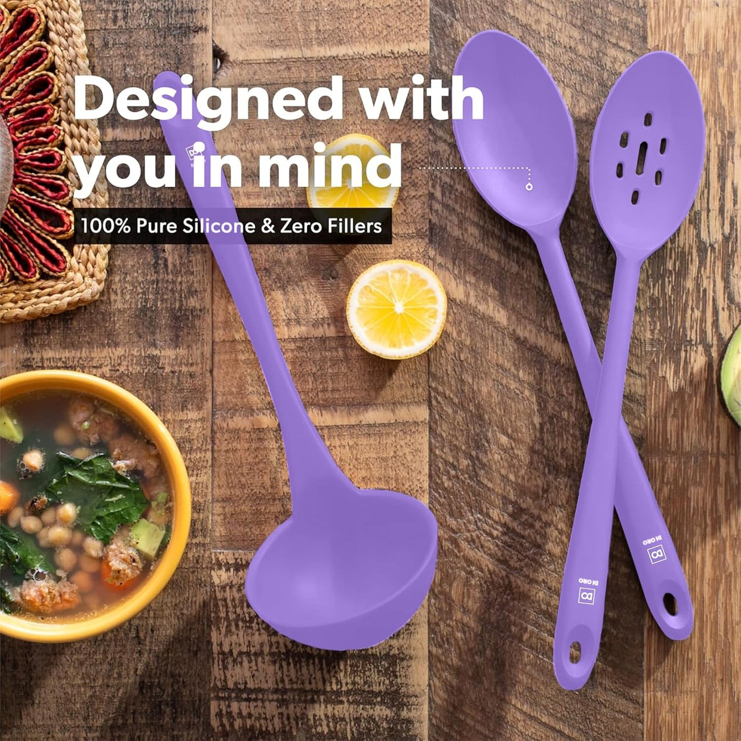 DI ORO Silicone Ladle & Spoons for Cooking – Large Kitchen Spoons for Mixing, Serving & Stirring - Soup Ladle with Wide Bowl - High Heat Silicone Kitchen Utensils for Nonstick Cookware Safe (Lavender)