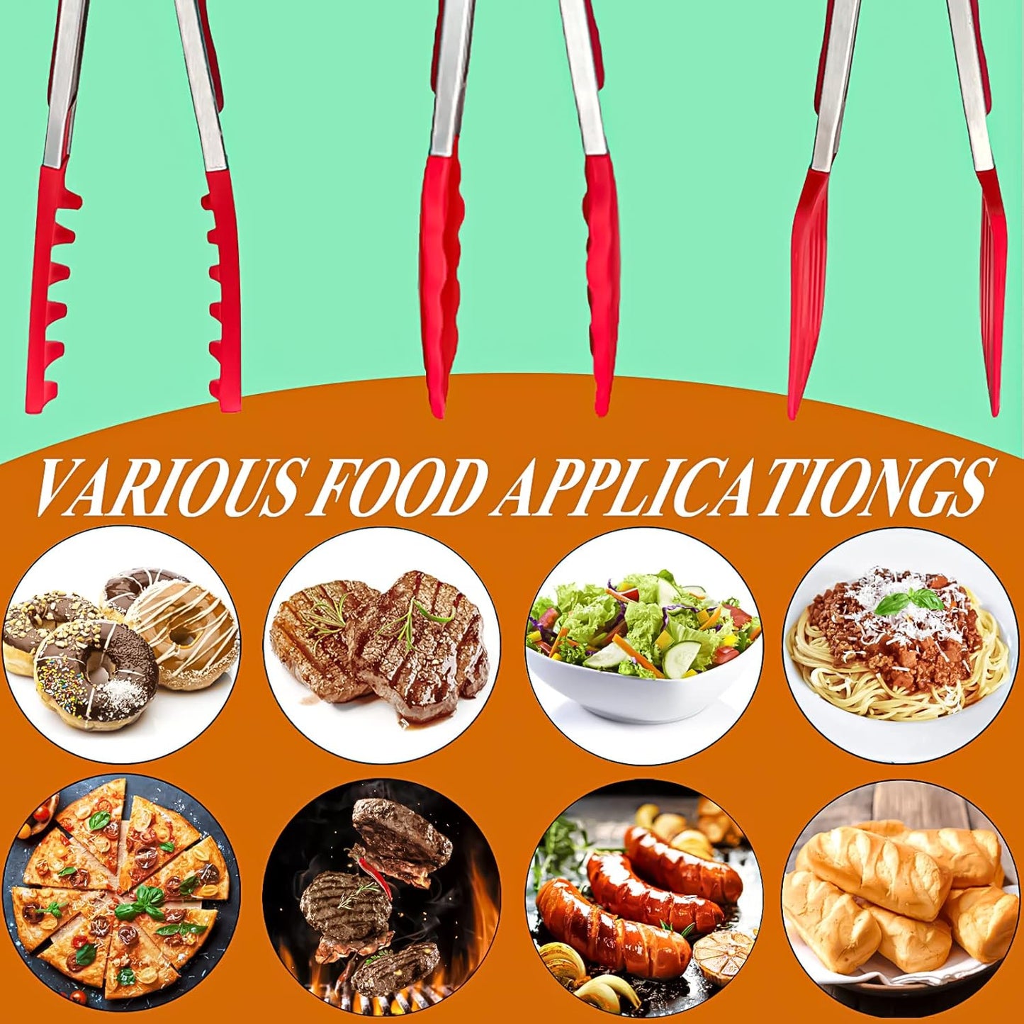 HST Tongs for Cooking with Silicone Tips(3 Pack), Non Stick Kitchen Tongs with Silicone Tip for Cooking BBQ Baking (12", Red)