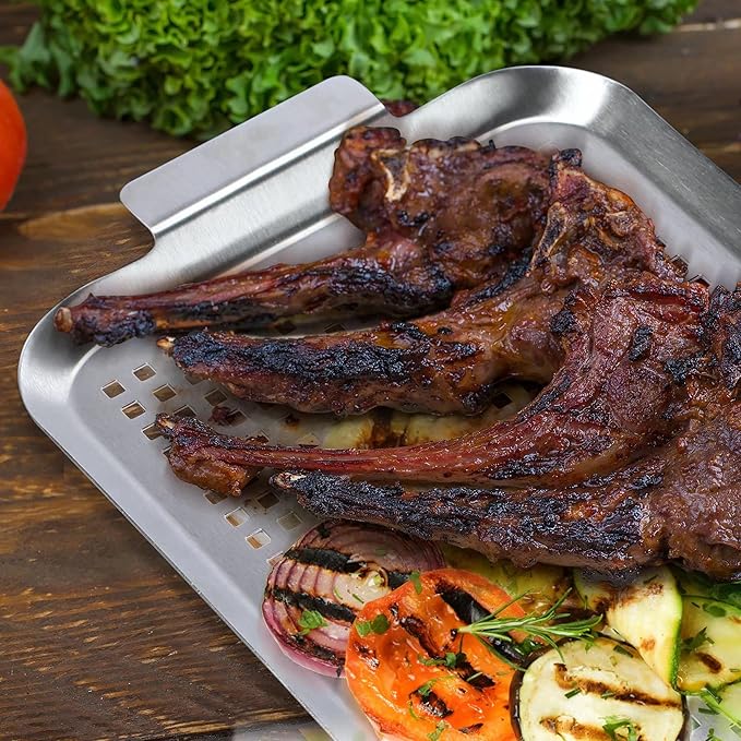 Grill Pan Set of 2, BBQ Grill Topper for Outdoor Grill, Stainless Steel Grilling Baskets with Holes and Handles, Perforated Food Tray Barbecue Accessories for Vegetable, Fish, Large