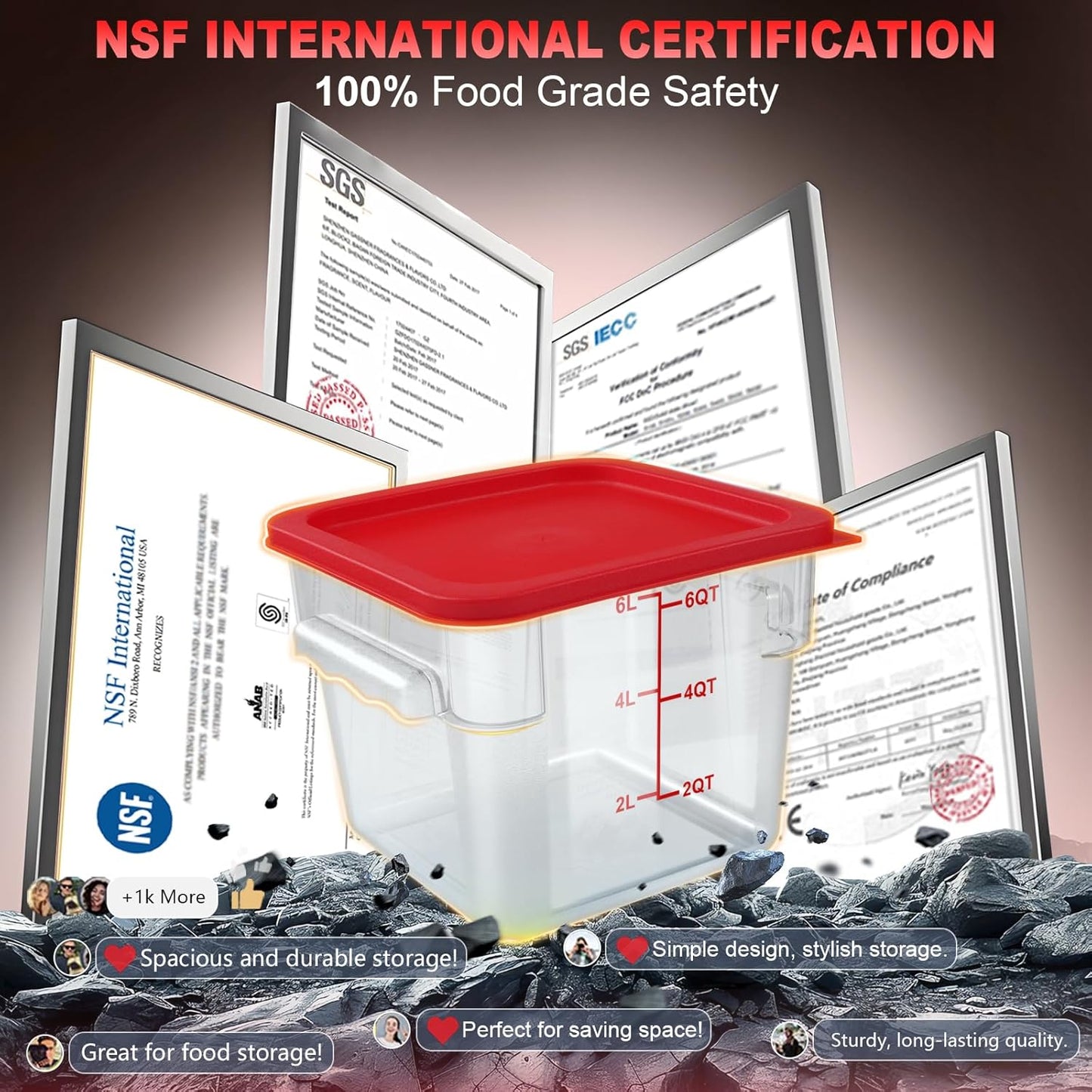 4QT NSF Food Storage Containers with Lids: 4 PCS [Total Food Grade][Hot&Cold Resistant] Commercial Clear Food Storage Containers for Restaurant Kitchen Proof Dough, Measuring Spoons Included(Red)