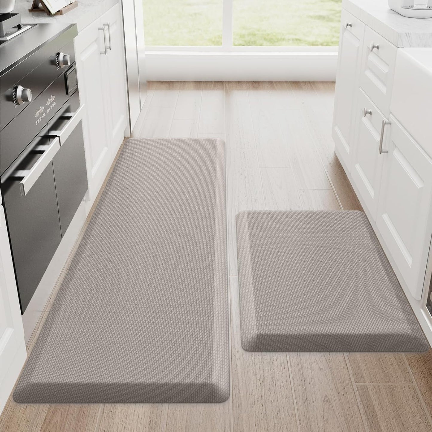 StepRite Kitchen Mats, 2PCS Kitchen Rugs, Cushioned Anti Fatigue Kitchen Mats for Floor, Non-Slip Standing Desk Mat, Waterproof Kitchen Rug Set for Kitchen, 20" x 32"+20" x 48"-Full 1 inch Thick,Khaki