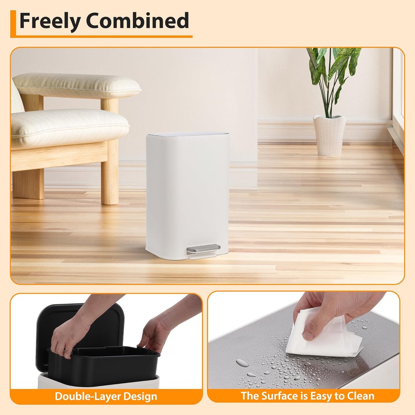 Trash Can with Lid, 5.3 Gallon Stainless Steel Garbage Bin for Kitchen, Rectangular Trash Can with Step-On Pedal and Inner Bucket for Home Office Bathroom Living Room (20 L, White)