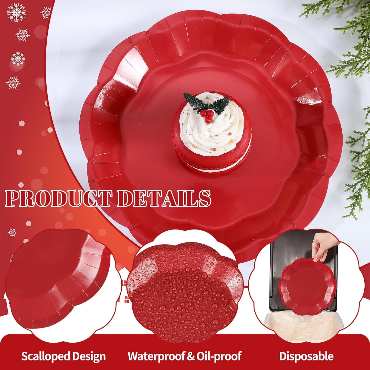 30pcs Christmas Paper Plates 9 Inch Red Scalloped Paper Plates Disposable Xmas Dinner Plate for Christmas,Weeding, Birthday, Baby Shower