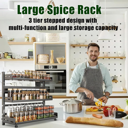 Spice Organization for Cabinet | 3 Tier Standing Height-Adjustable Spice Rack | Large Metal Rust-Proof Seasoning Organizer | Kitchen Storage Organization Shelf for Pantry Bathroom (3-40CM Black)