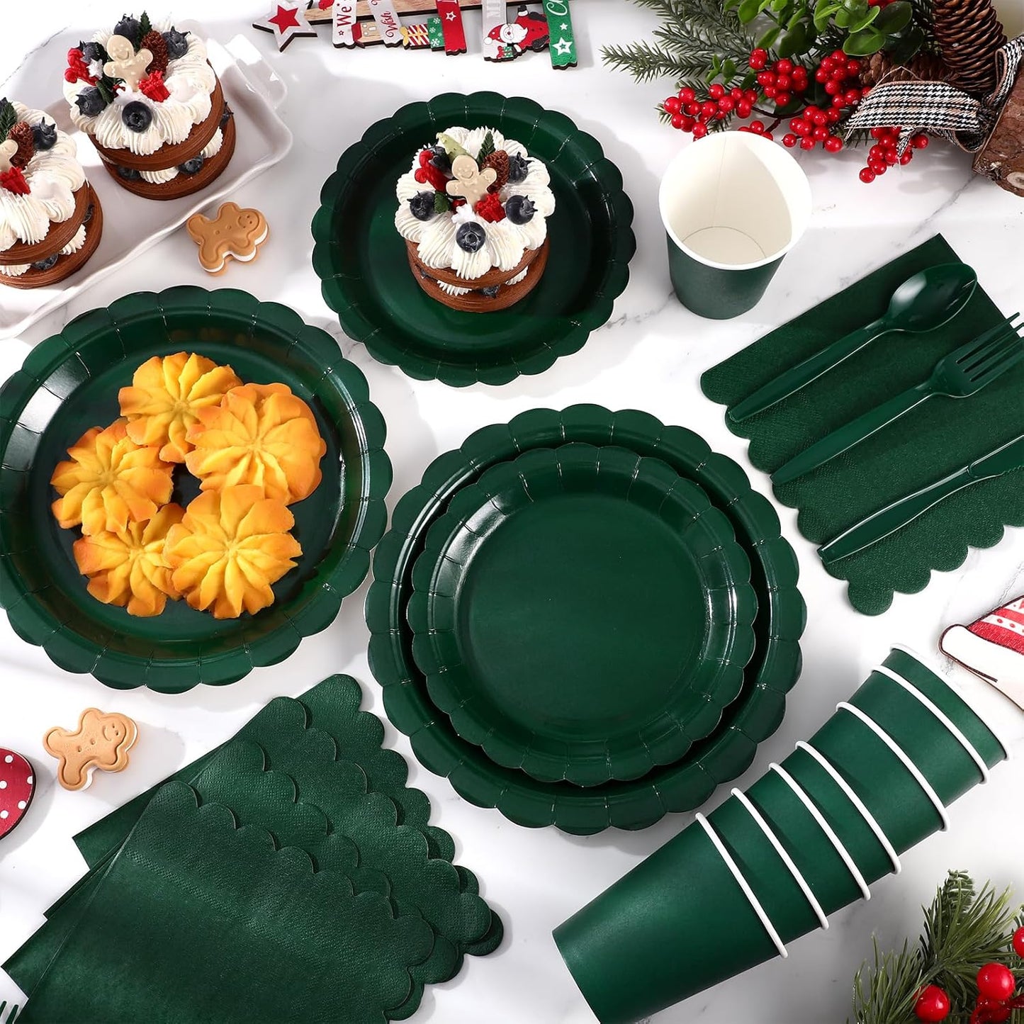 Dark Green Plates and Napkins, 25 Guest Green Party Supplies Include Christmas Plates Napkins Cups Plastic Spoons Forks Knives for Thanksgiving, Christmas, Birthday