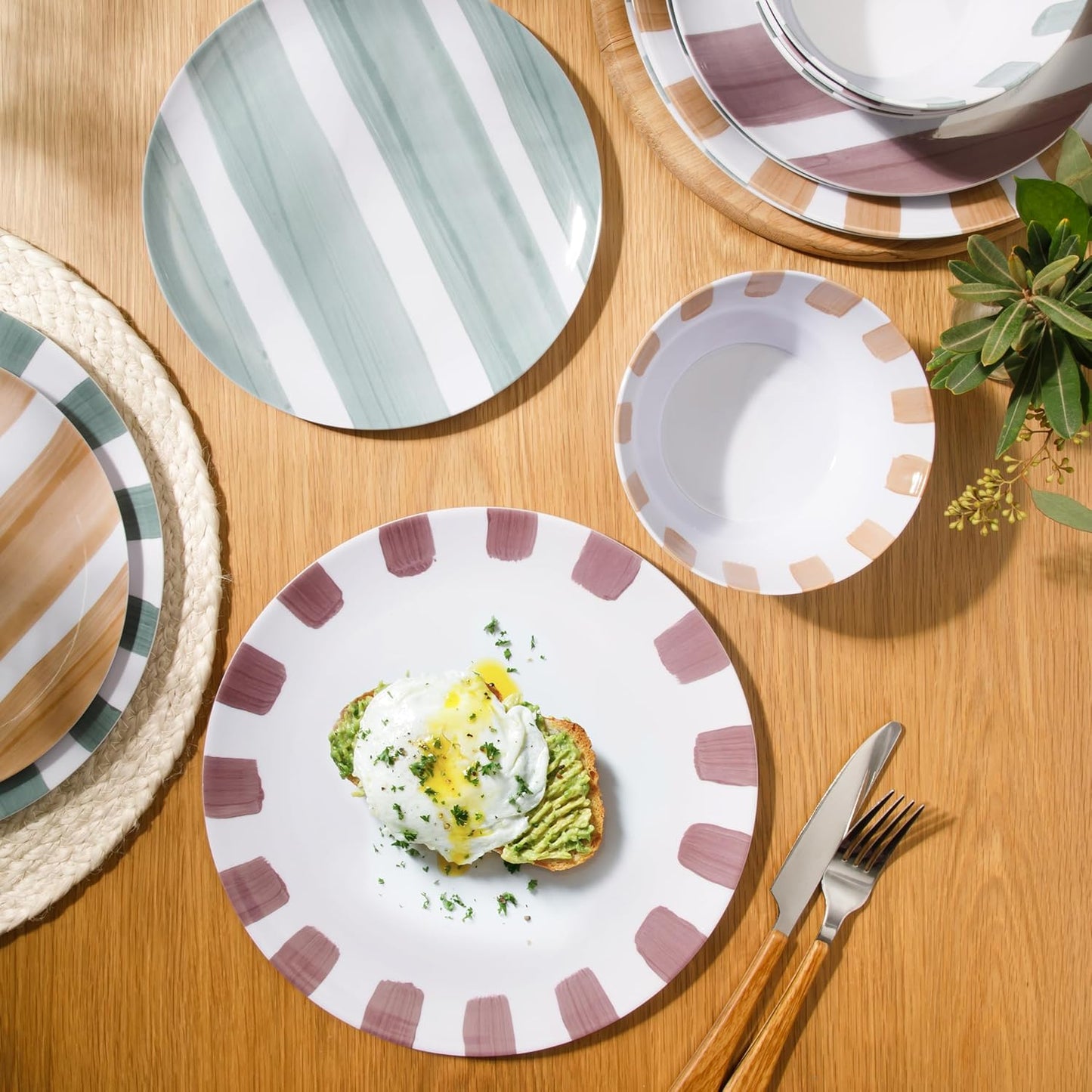 Gibson Home Cottage Stripes 12 Piece Unbreakable Melamine Plates and Bowls Dinnerware Set - Outdoor, Camping, & Everyday Use - Assorted Colors